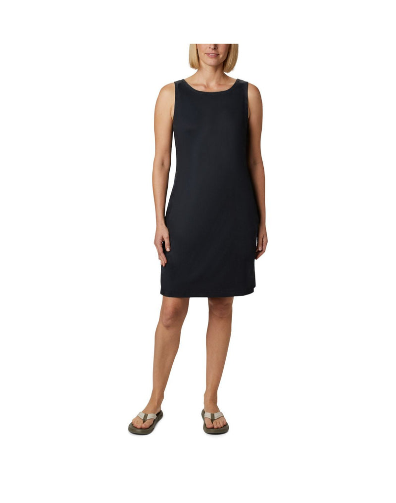 Front view of a woman wearing Columbia Women's Chill River™ Printed Dress in black.