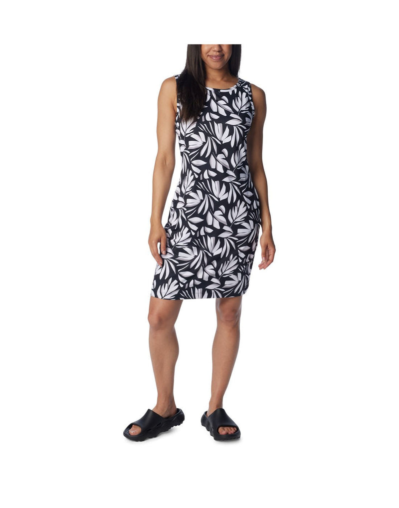 Front view of a woman wearing Columbia Women's Chill River™ Printed Dress in black areca print.