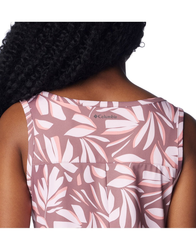 Upper back view of a woman wearing Columbia Women's Chill River™ Printed Dress in fig areca print.