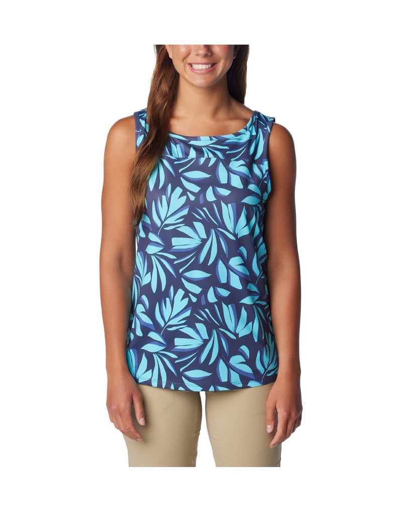 Front view of a woman wearing Columbia Women's Chill River™ Tank in Aquamarine Areca print.