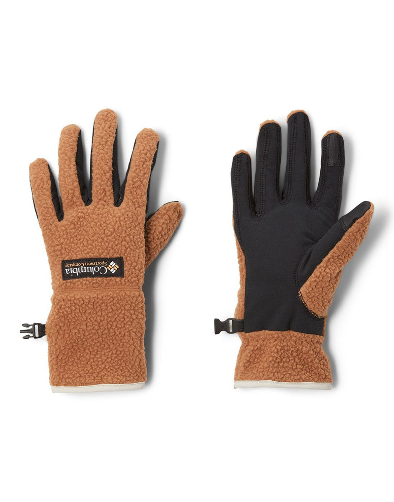 Columbia Women's Helvetia™ Sherpa Gloves in Camel Brown colour, one palm side up, the other palm side down with Columbia logo.