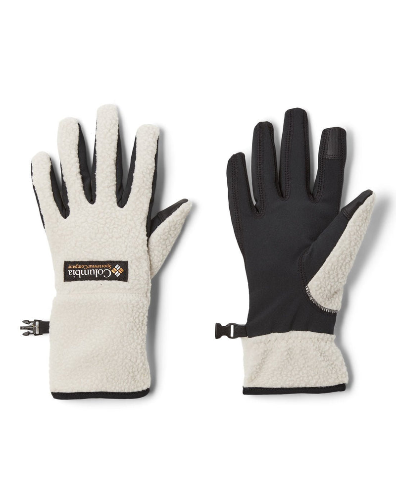 Columbia Women's Helvetia™ Sherpa Gloves in Dark Stone colour, one palm side up, the other palm side down with Columbia logo