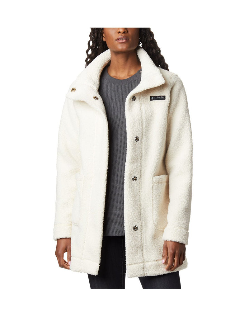 Woman wearing Columbia Women's Panorama™ Long Jacket in chalk colour, un-snapped, front view