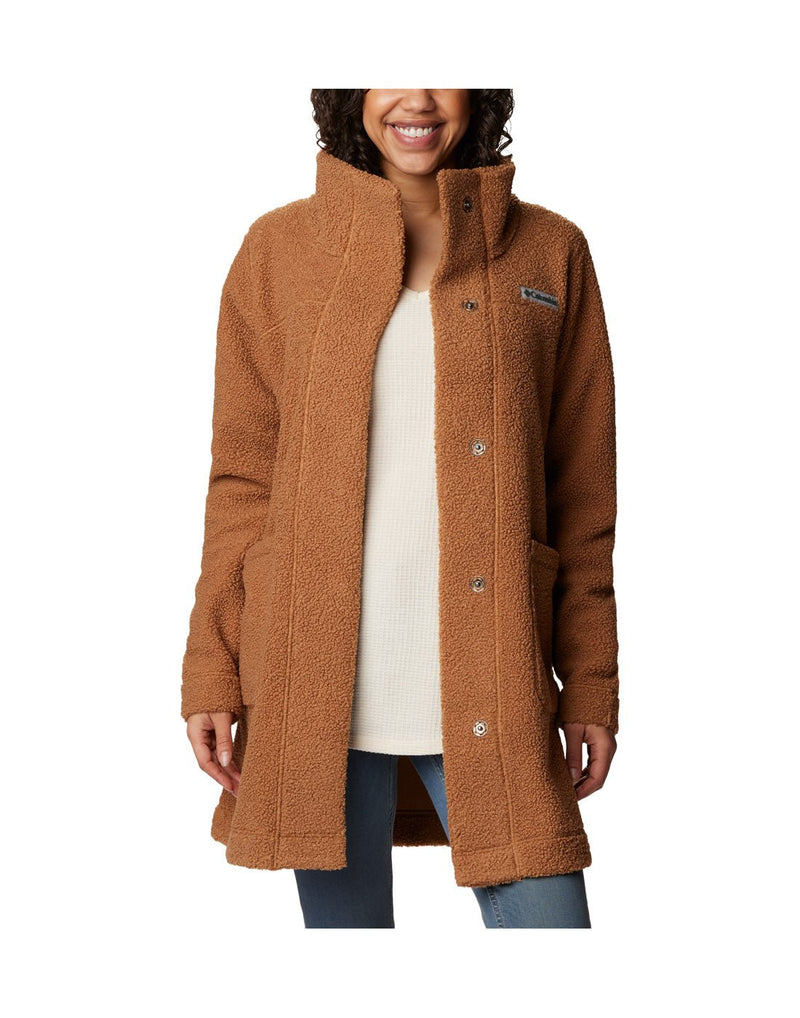 Woman wearing Columbia Women's Panorama™ Long Jacket in camel brown colour, un-snapped, front view
