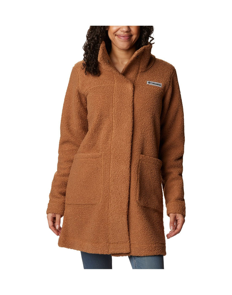 Woman wearing Columbia Women's Panorama™ Long Jacket in camel brown colour, closed, front view