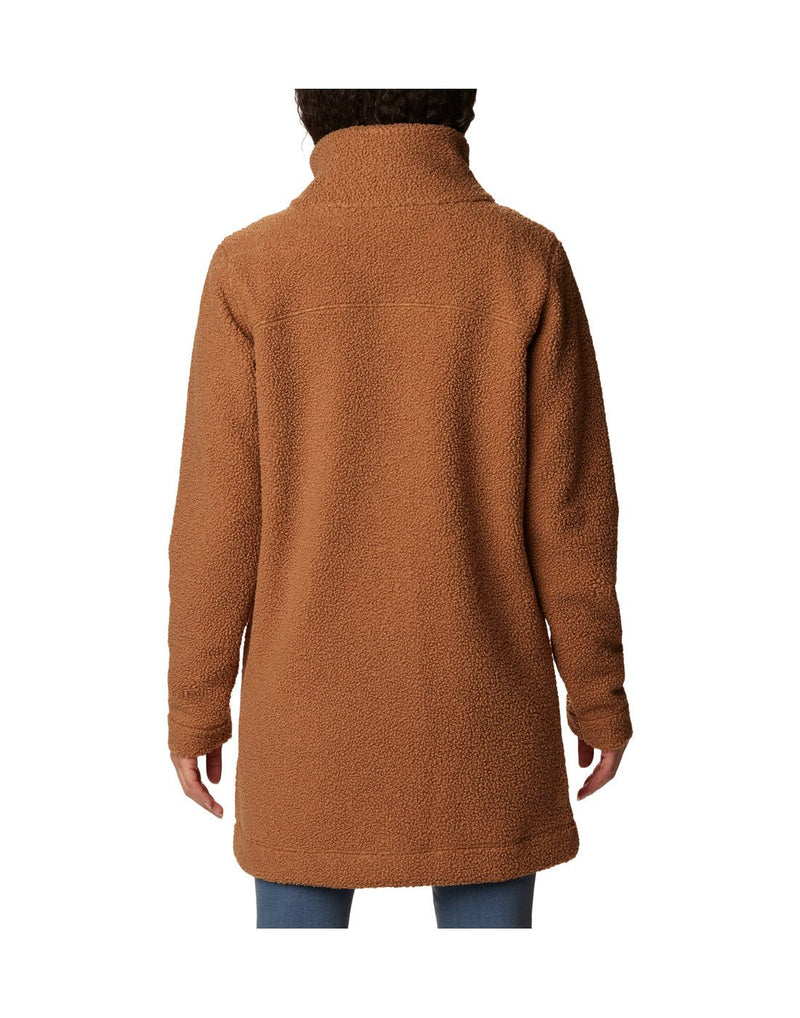 Woman wearing Columbia Women's Panorama™ Long Jacket in camel brown colour, back view