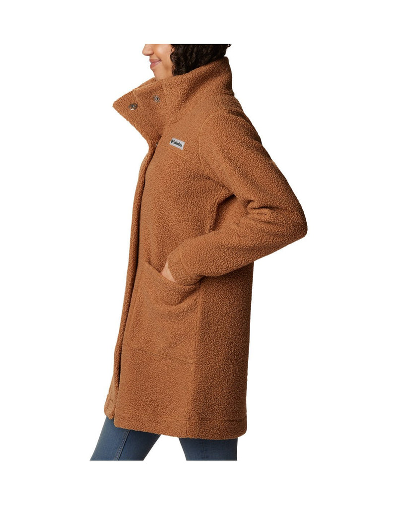 Woman wearing Columbia Women's Panorama™ Long Jacket in camel brown colour, side view
