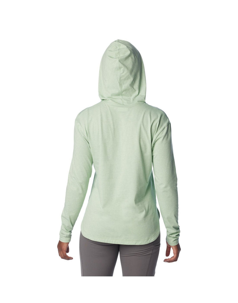 Back view of a woman wearing Columbia Women's Sun Trek™ Hooded Pullover in Sage Leaf Heather colour with hood up.