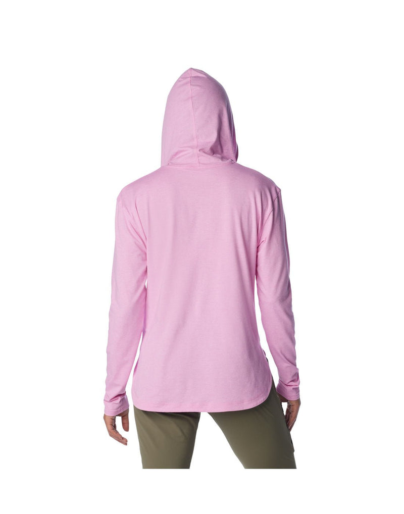 Back view of a woman wearing Columbia Women's Sun Trek™ Hooded Pullover in cosmos heather colour with hood up.