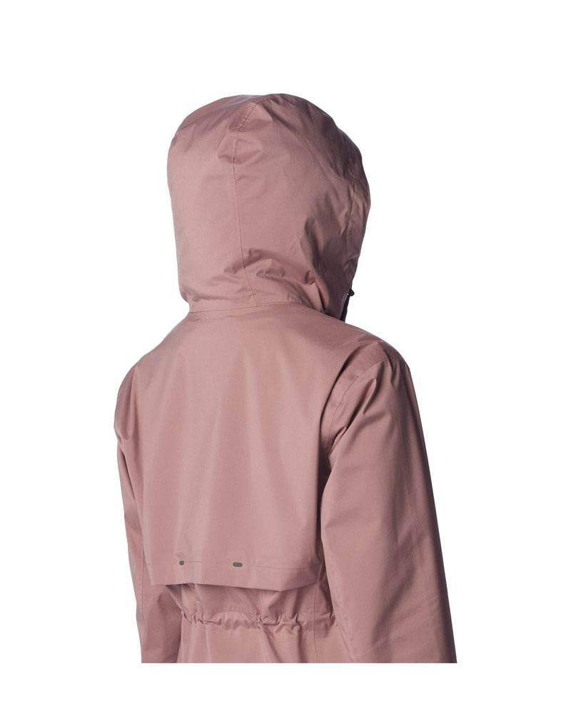 Close up of woman wearing Columbia Women's Weekend Adventure™ Long Shell Jacket in fig, hood up, back view