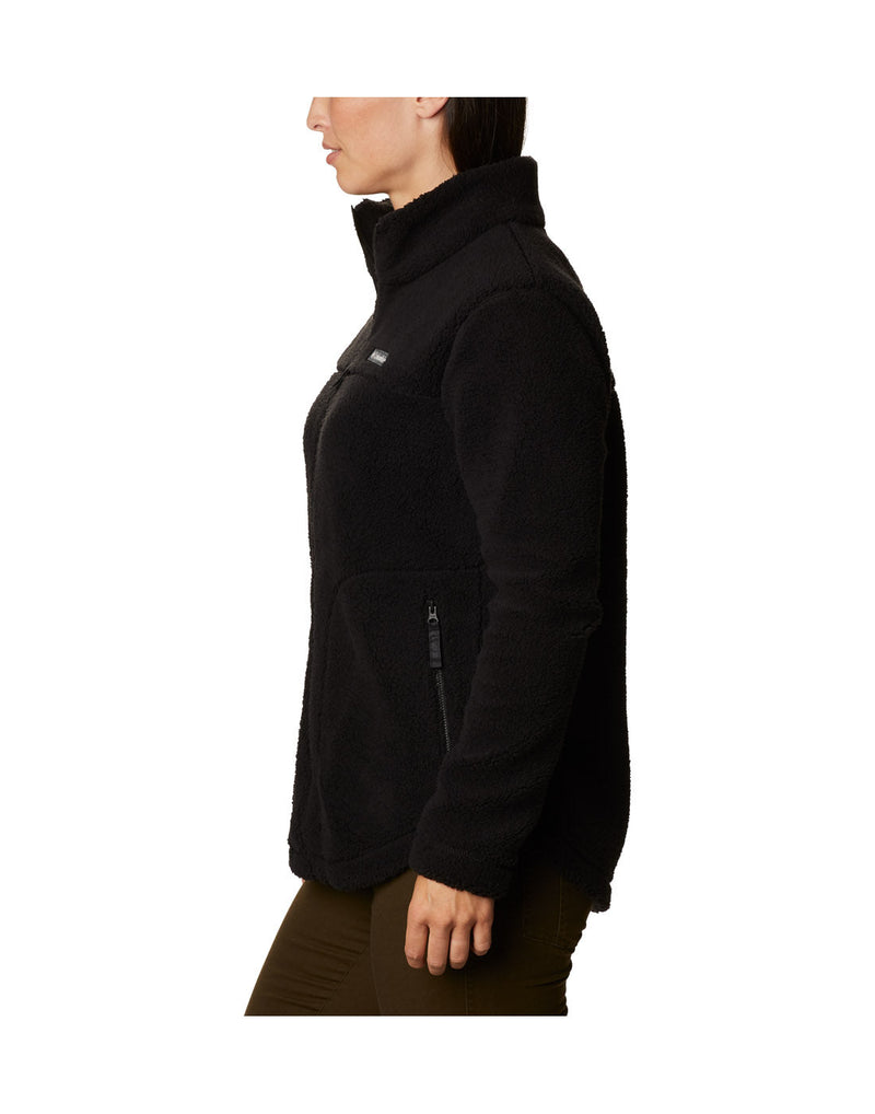 Woman wearing Columbia Women's West Bend™ Full Zip Fleece Jacket in black, side view.