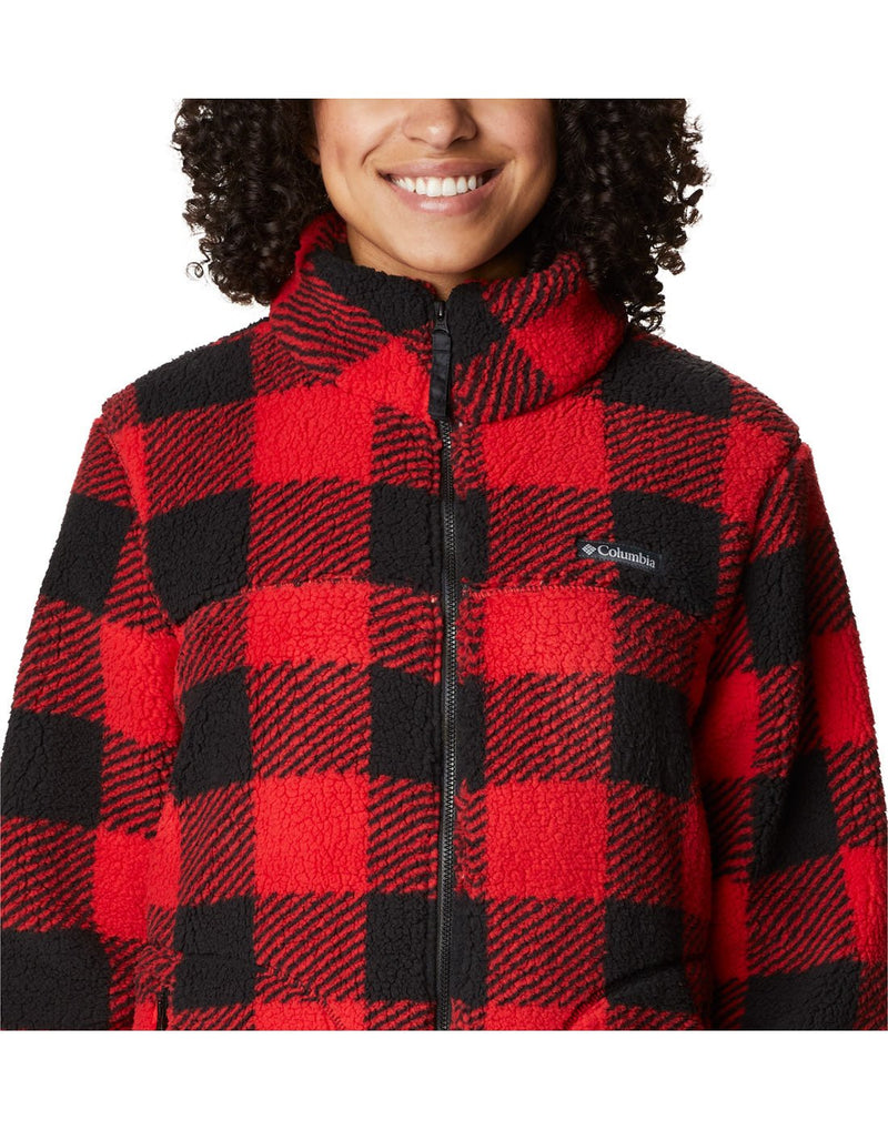 Woman wearing Columbia Women's West Bend™ Full Zip Fleece Jacket in Red Lily Check Print, close up front view.