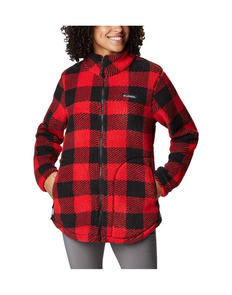 Woman wearing Columbia Women's West Bend™ Full Zip Fleece Jacket in Red Lily Check Print, front view.