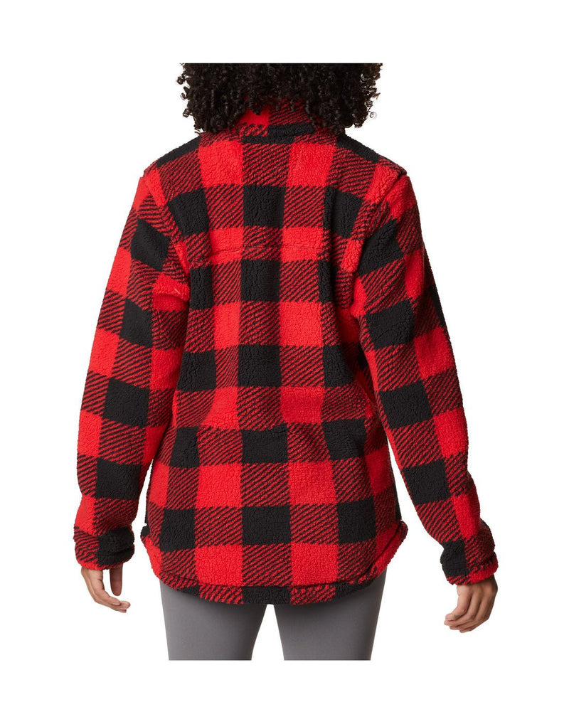 Woman wearing Columbia Women's West Bend™ Full Zip Fleece Jacket in Red Lily Check Print, back view.