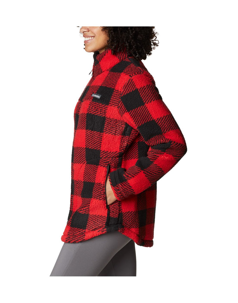 Woman wearing Columbia Women's West Bend™ Full Zip Fleece Jacket in Red Lily Check Print, side view.
