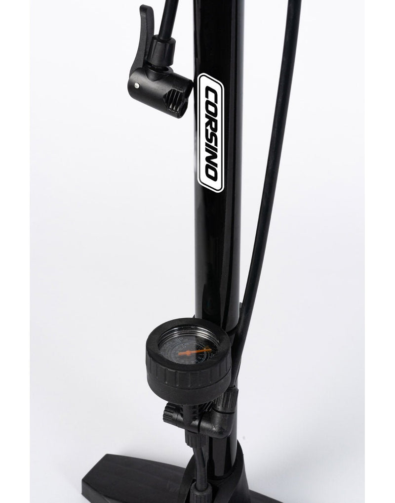 Corsino bike floor pump black colour close up of pressure gauge