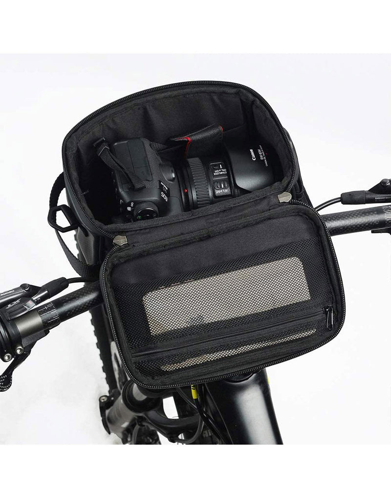 Corsino rover handlebar bag black colour attached to bike interior view