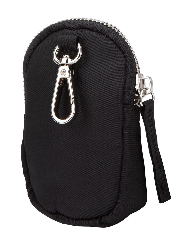Small black zippered pouch with carabiner clip