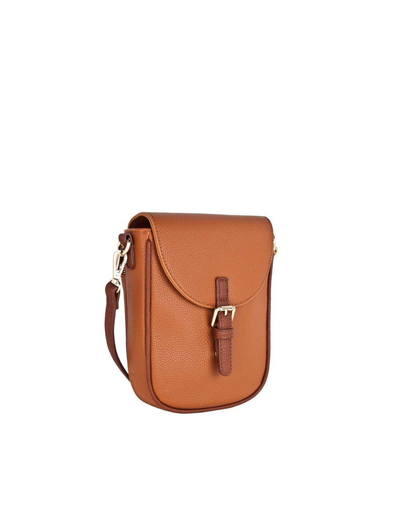 Front angled view of the Espe Eden Crossbody in tan with fold-over flap closed.