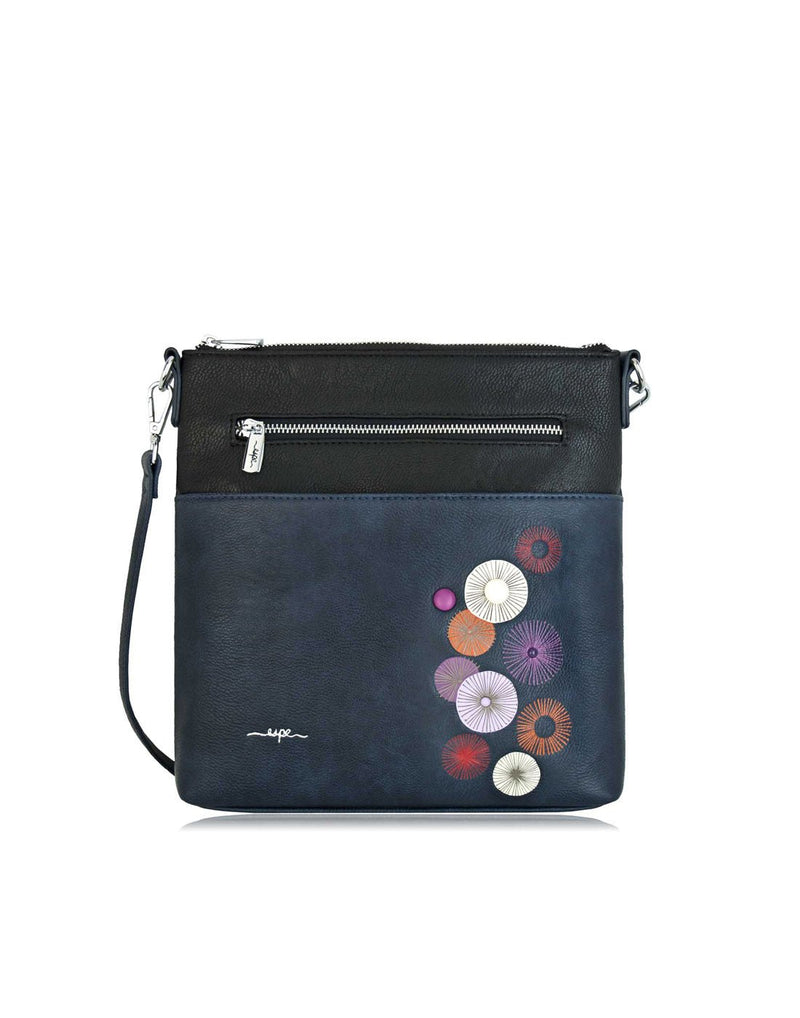 Espe Floret Crossbody in blue with black strip along top with horizontal silver zipper, black bottom part has abstract floral motif embroidered, front view