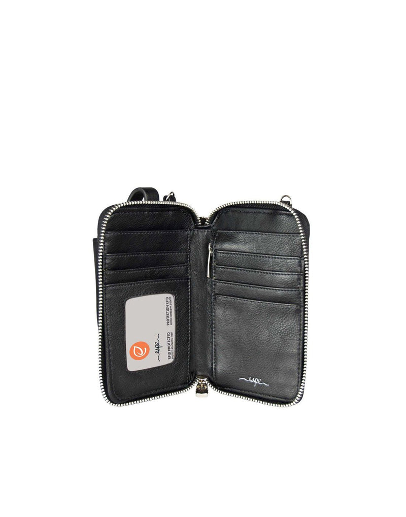 The Espe Floret Smartphone Pouch in Black, un-zipped, showing the inside of the pouch.