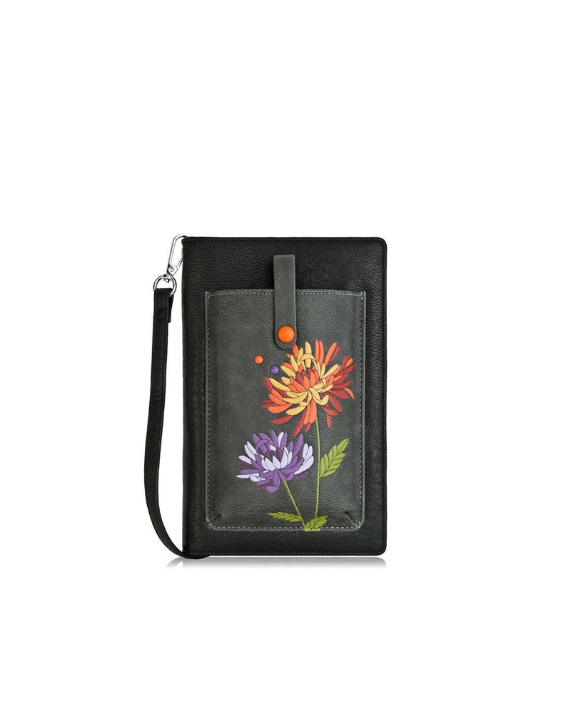 Espe Glee iSmart Pocket in black, with dark grey front pocket with embroidered orange and purple flowers and thin button flap, front view