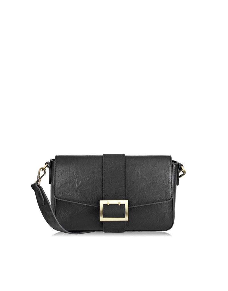 Espe Lee Crossbody in black with flap and thick vertical band with chunky buckle and matching wide strap, front view