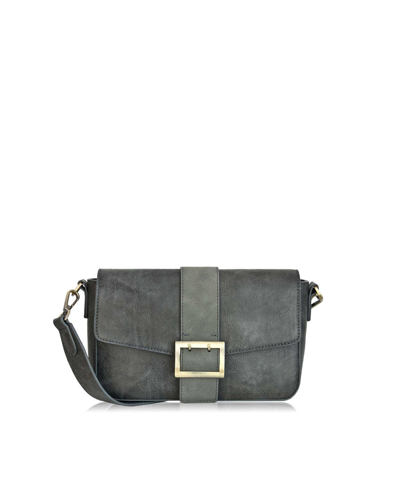 Espe Lee Crossbody in grey with flap and thick vertical band with chunky buckle and matching wide strap, front view