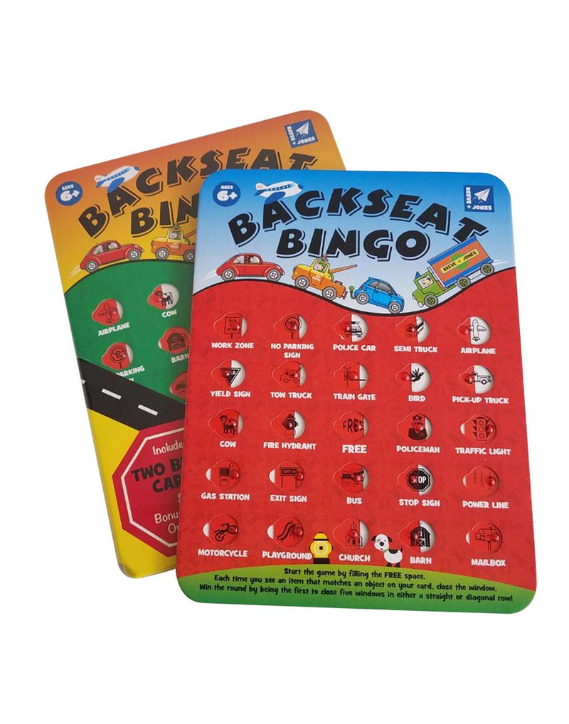 Backseat Bingo travel game, two boards each with 5 rows of 5 pictures and words to find, each with a transparent red sliding marker