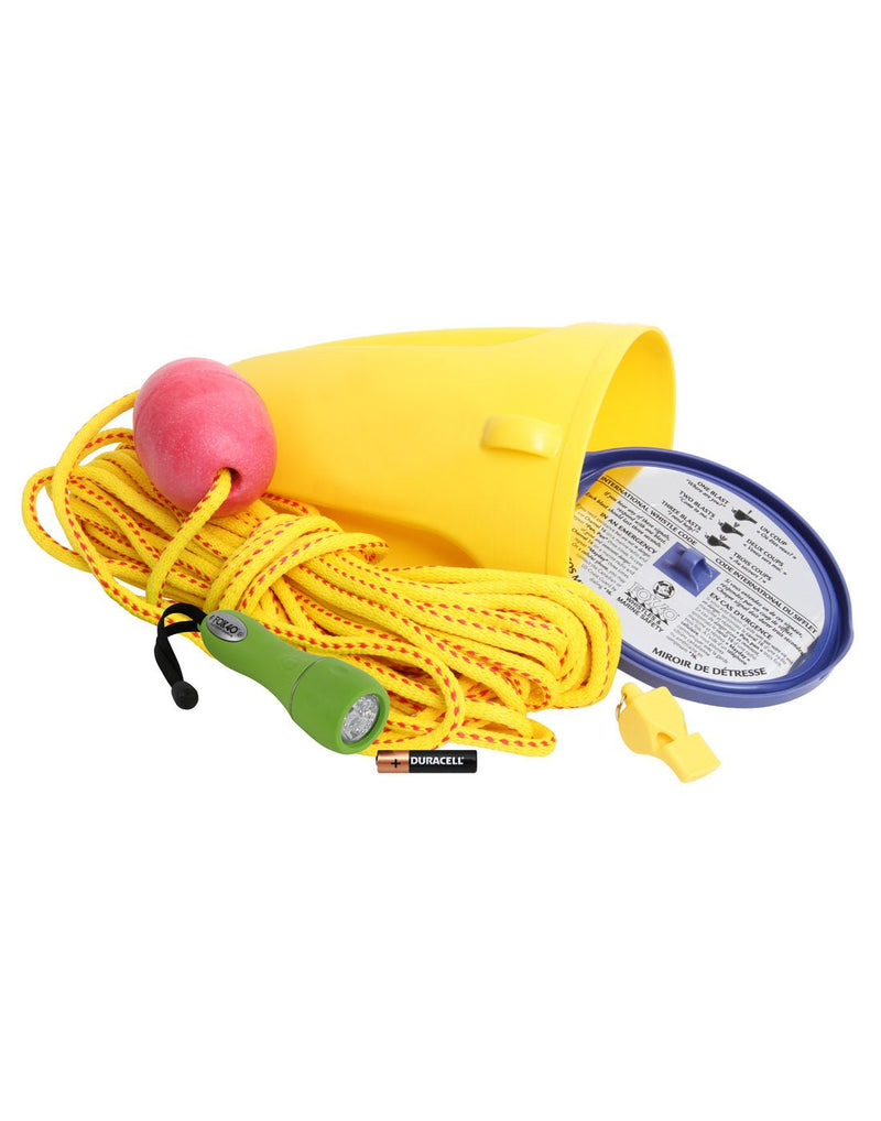 Content image of the Fox 40® Classic Boat Safety Kit.  Includes Bailer with mirrored SOS label, rope + float, whistle, and water-resistant LED flashlight.