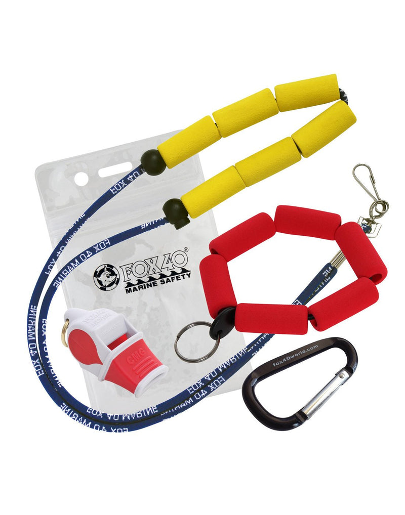 Image of items included with the  Fox 40® Float Kit.  •    Floating neck lanyard •    Waterproof card pouch •    Floating wrist lanyard •    Carabiner clip •    Fox 40® Sonik Blast CMG Pealess Whistle (120 dB)