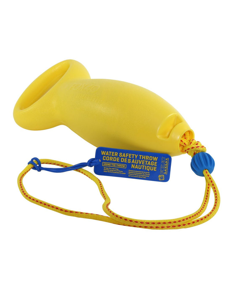 Image of the unpackaged Fox 40® Water Safety Throw including the aerodynamic shell, with integrated handle, and the attached 50 ft (15 m) premium polypropylene woven floating rope.