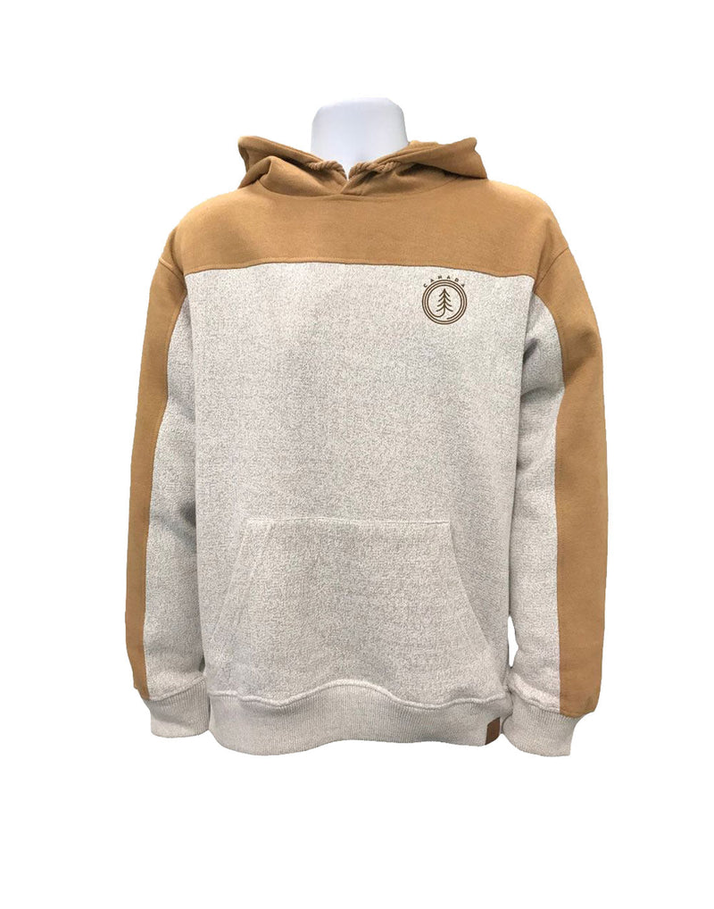 North & Oak Nantucket Fleece Two-Tone Hoodie, front view, in brown shoulders and tops of sleeves and light grey body and under sleeves with pouch pocket in front and circle decal on left chest