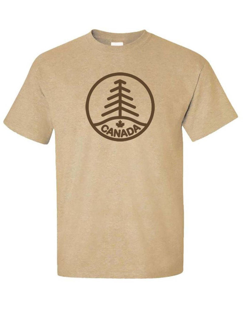 North & Oak Unisex T-shirt in light tobacco brown colour, with dark brown circle with tree design and canada written in circle