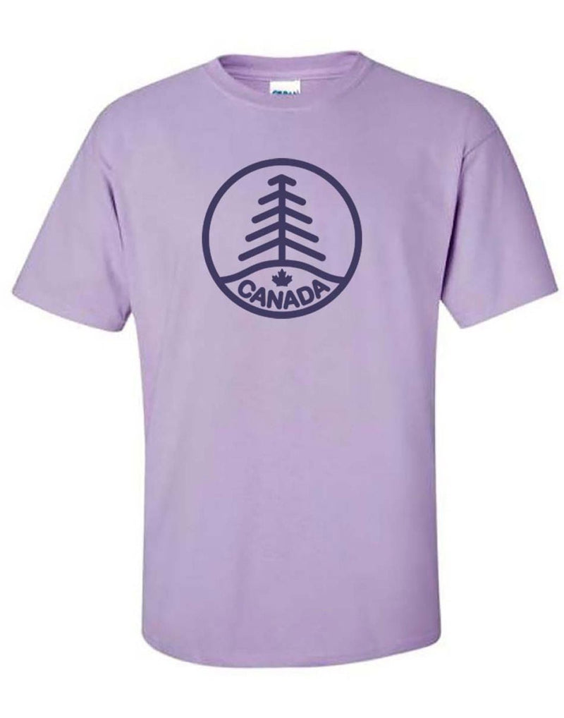 North & Oak Unisex T-shirt in purple, with dark purple circle with tree design and canada written in circle