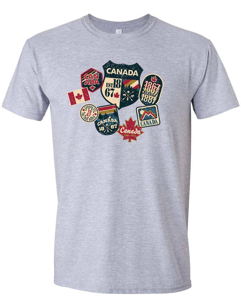 Unisex Soft Style T-Shirt in grey with Canada stamps and logos printed around the chest
