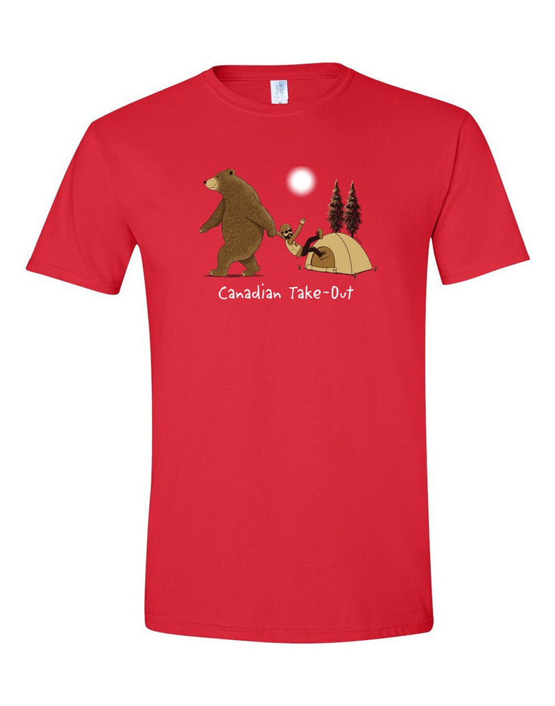 Unisex Soft Style T-Shirt in red with cartoon image of bear dragging a person out of a tent with words below that read Canadian Take-Out