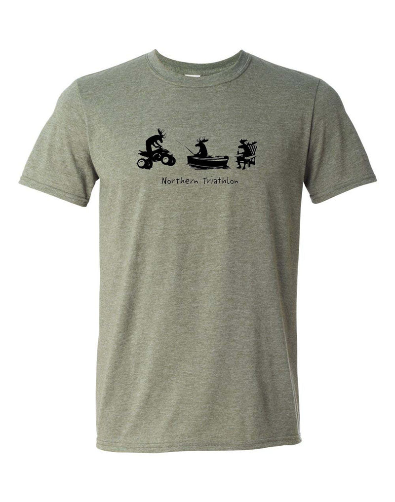 Unisex Soft Style T-Shirt in heather military green colour with black shadows of a moose on an ATV, canoeing, and sitting in a Muskoka chair with words Northern Triathlon printed below