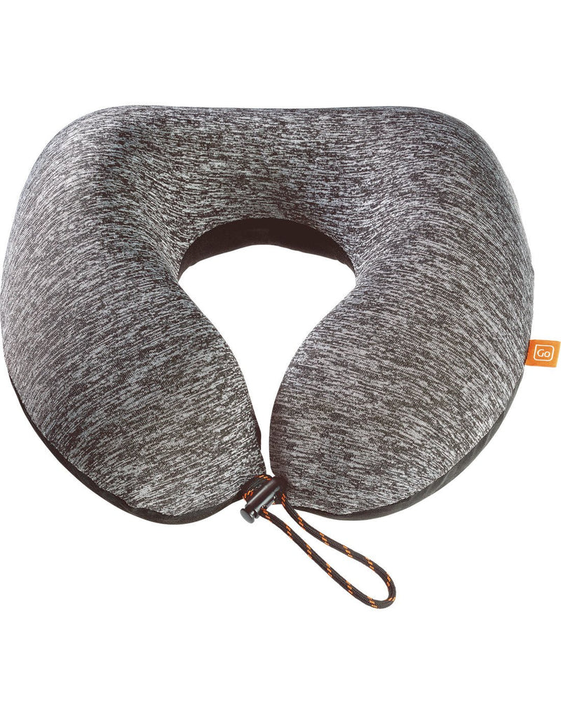Go Travel American ZZZs Neck Pillow in a salt and pepper grey fabric on top and black on the bottom with a draw string and toggle cord