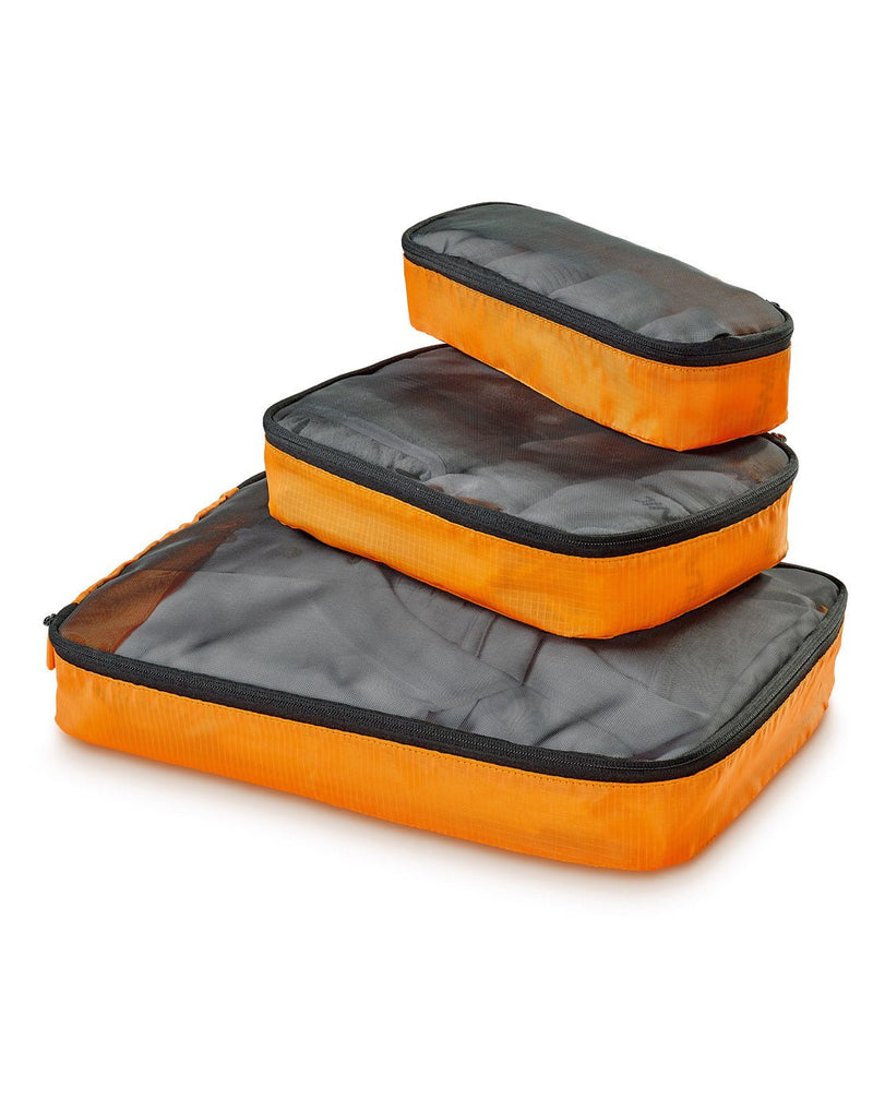 Go Travel 3 piece packing cubes, stacked with large on bottom, orange fabric with black mesh and zipper
