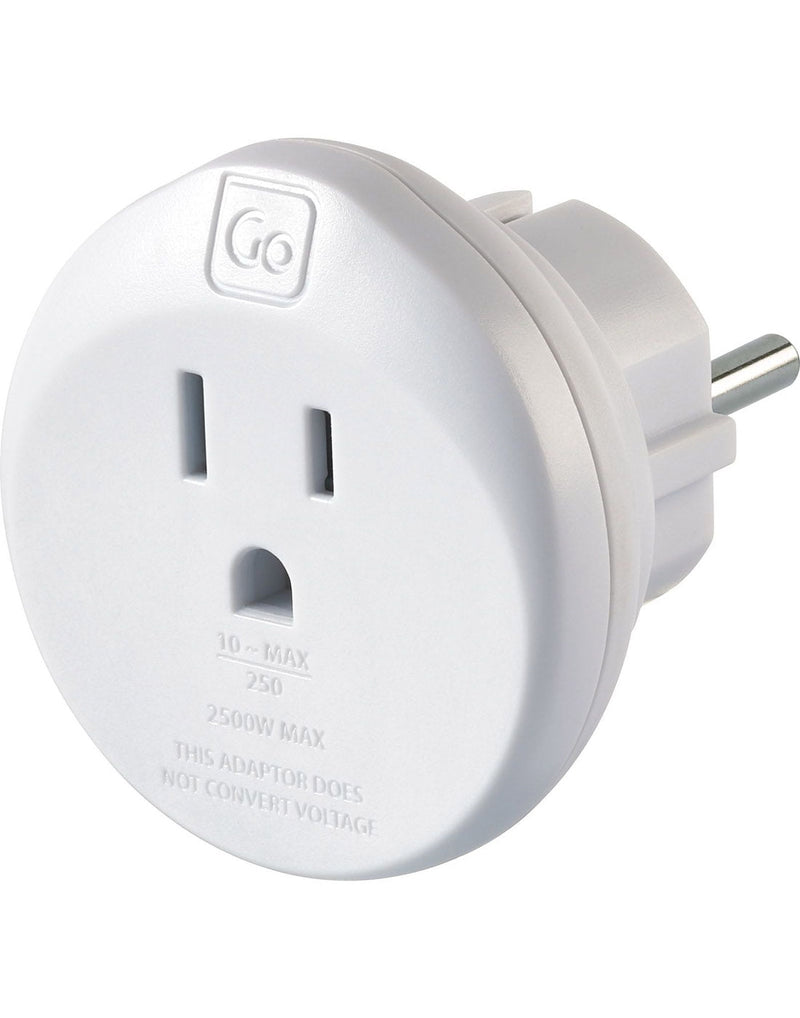 Go Travel USA-EU Grounded Adapter, front angled view of input socket