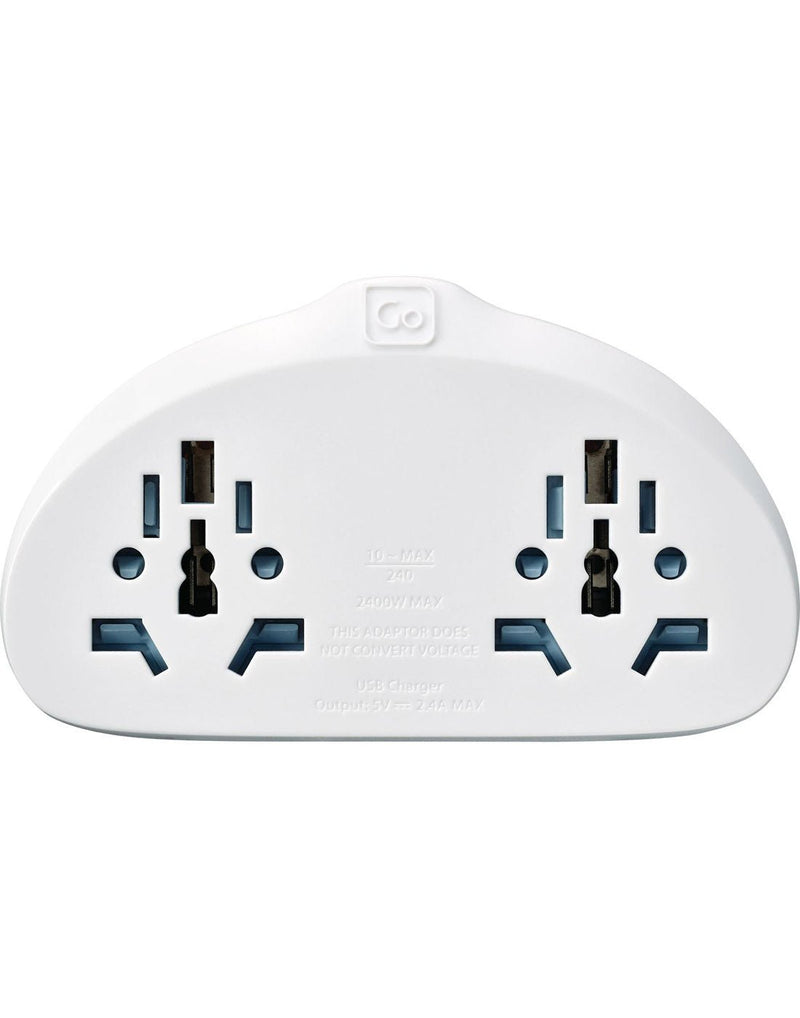 Go Travel World-AUS/China Adapter Duo + USB, front view of input sockets