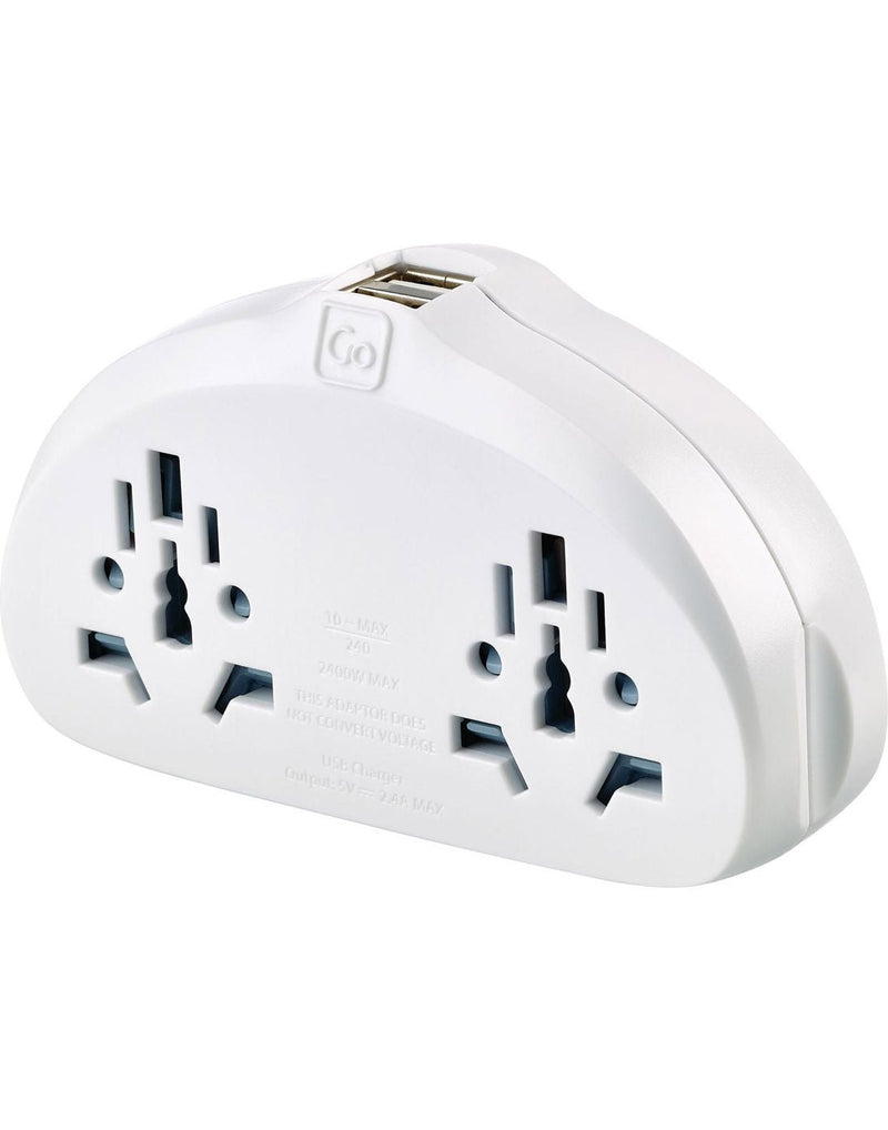 Go Travel World-AUS/China Adapter Duo + USB, front angled view of input sockets