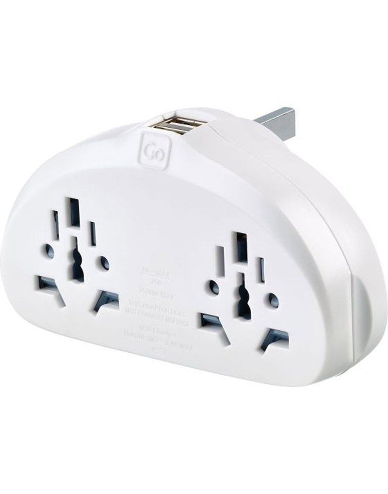 Go Travel World-UK Adapter Duo + USB, white with two input plugs, front angled view