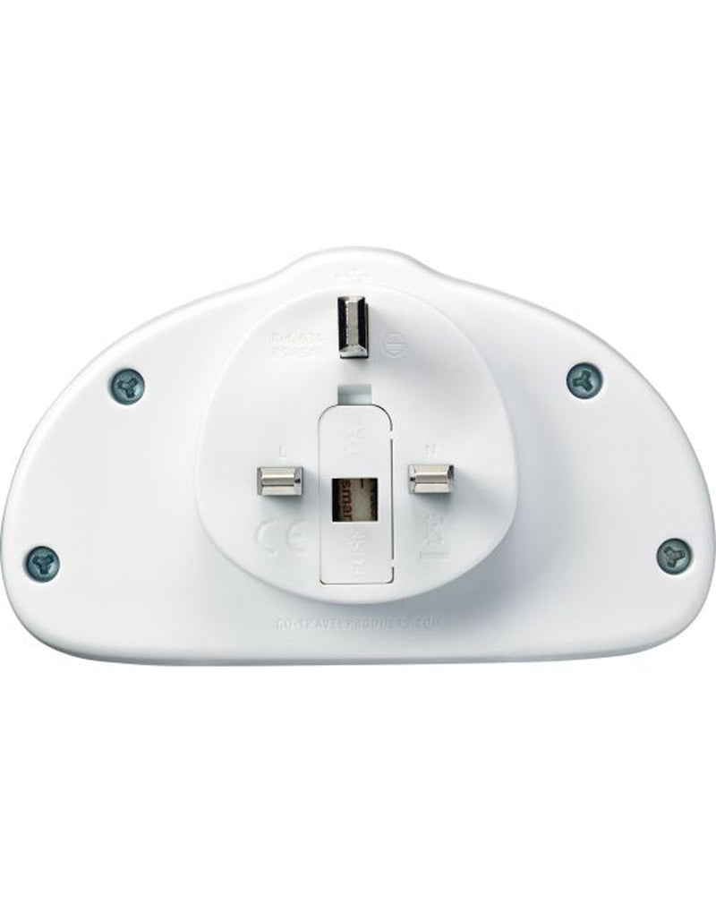 Go Travel World-UK Adapter Duo + USB, white, back view of plug prongs