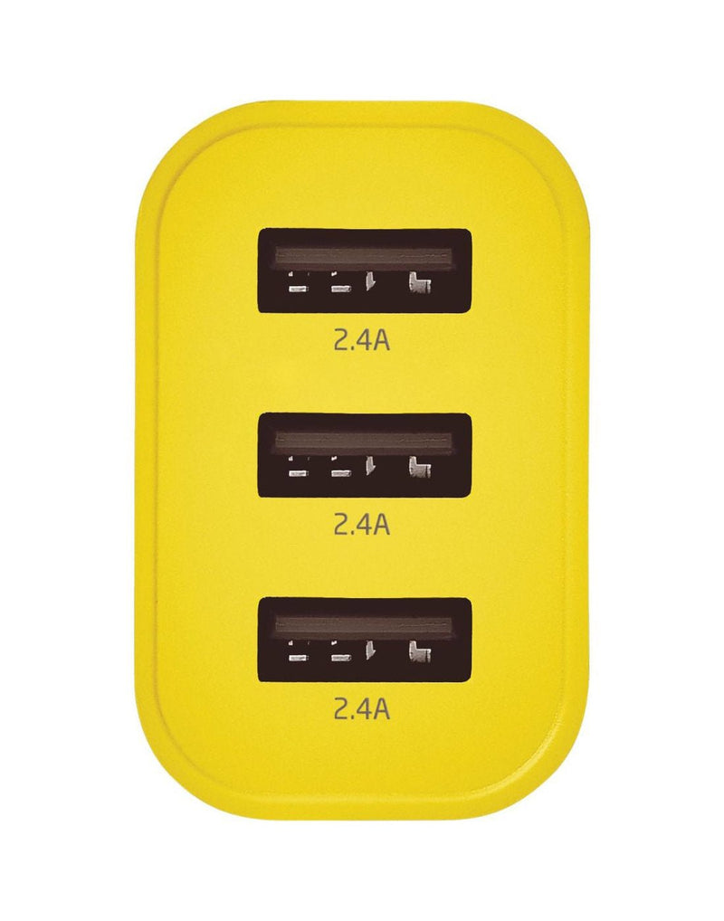 Close up of yellow USB triple input charger, front view