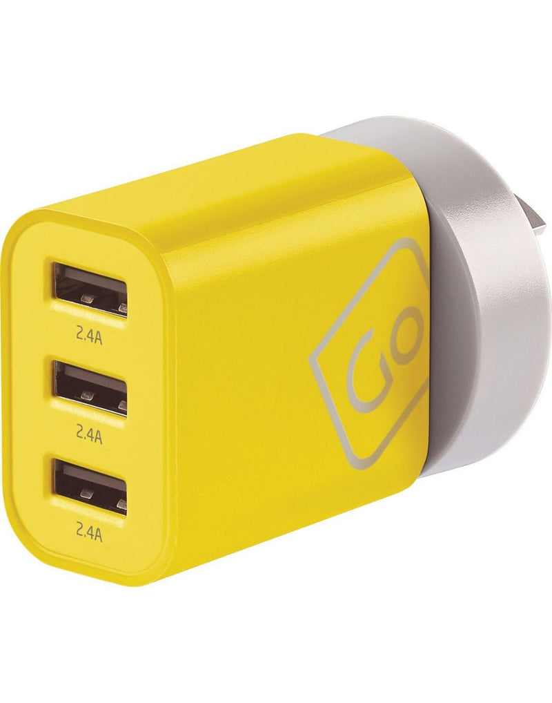 Front view of Australia/China adapter plugged into USB charger