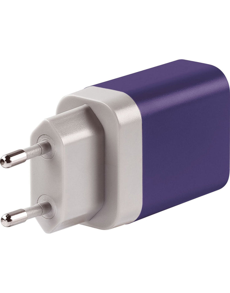 Back view of Europe adapter prongs plugged into USB charger