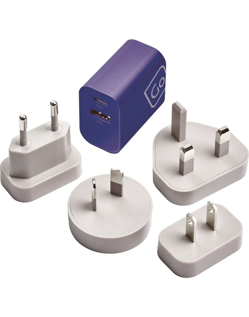 Go Travel Worldwide USB-A & USB-C Charger +, purple USB charger section and four grey adapter components