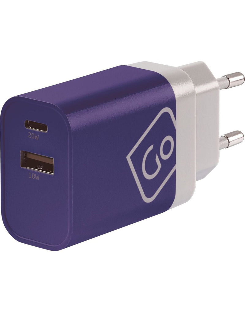 Front view of Europe adapter plugged into USB charger
